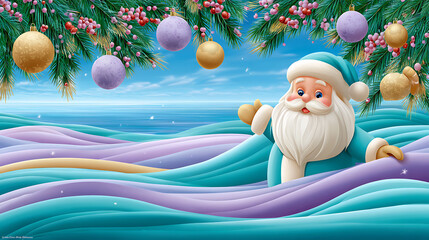 Decorative wallpaper on wall with motives a Sata Claus.