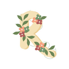  letter R in flat style, decorated with colorful flowers and green leaves, creating a delicate and botanical look. Ideal for invitations, stationery.