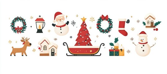 Fototapeta premium clipart of Christmas symbols featuring Santa in sleigh, a decorated Christmas tree, gifts, snowman, reindeer, and festive icons for holiday celebration and winter joy