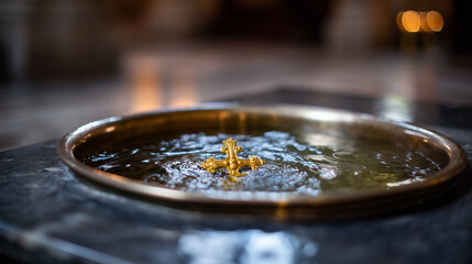 sacred Orthodox baptismal font filled with holy water, viewed from above during a traditional Christian baptism ceremony. A golden Orthodox cross with rounded ends rests partially