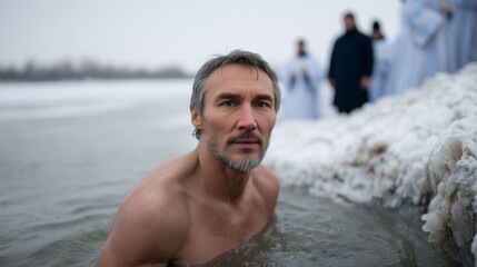 A powerful winter baptism ceremony taking place outdoors in extreme cold conditions. A middle-aged man is immersed chest-deep in an ice hole cut into a frozen river or lake, partic