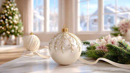 Christmas decoration on the table with ribbon .