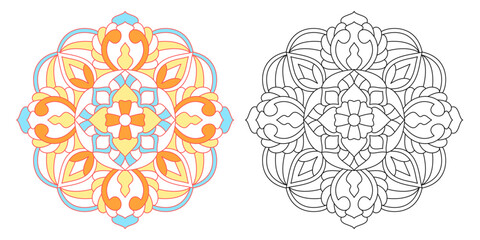 Set of two mandala designs versions, one colored in warm tones and one black and white outline for coloring
