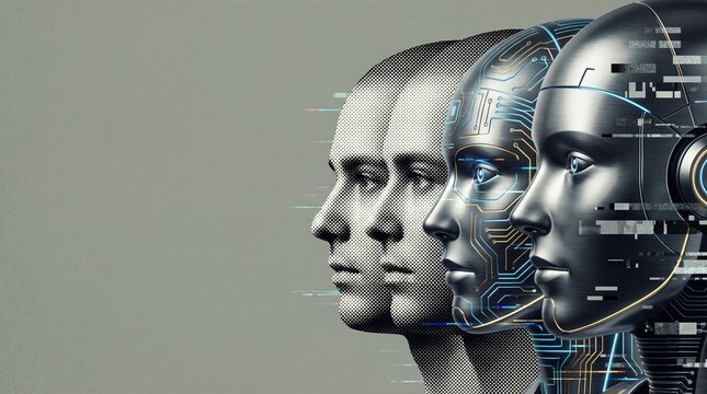 Human to robot evolution with data glitch and artificial intelligence. Digital identity and future technology concept with transformation.