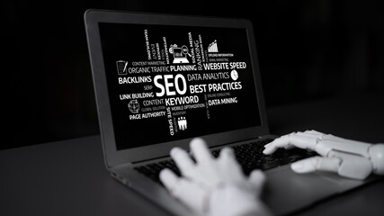 A robotic hand interacts with a laptop displaying SEO concepts, emphasizing modern strategies in...