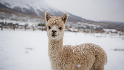 Fototapeta premium Llama in snowy landscape with mountains and fences, winter scene, fluffy coat.
