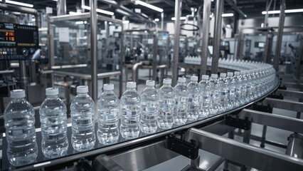 Bottled water moving along a conveyor belt in a manufacturing facility or bottling plant. Packaging and production process. Industrial automation and quality control.
