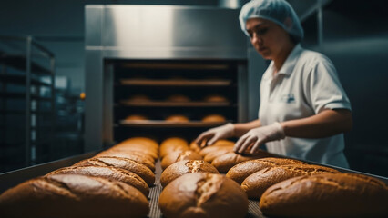Baker working in a commercial kitchen, carefully arranging freshly baked bread on a rack for cooling and sale