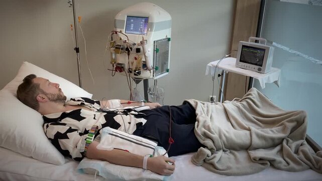Patient Receiving Plasma Collection Treatment, Caucasian Individual Lying During Blood Extraction Process