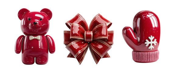 Glossy Red 3D Glass Christmas Figurine Set Featuring Teddy Bear, Santa Mitten, and Gift Bow for Festive Holiday Decoration and Seasonal Design