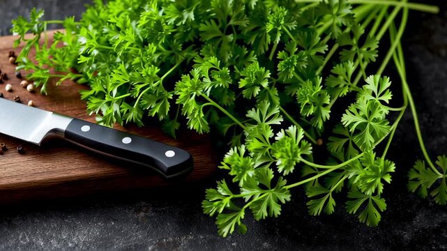 Professional Kitchen Knife with Fresh Herbs and Spices on Wooden Cutting Board