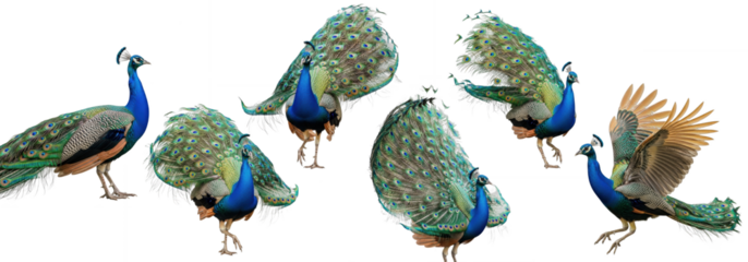 Set Of Indian Peafowl (Adult Male) isolated on white background,  (Pavo cristatus) , Peacock PNG