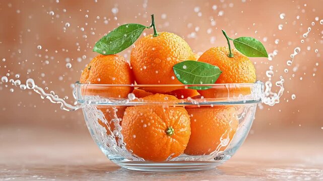Fresh mandarins splashing in water representing healthy food and freshness