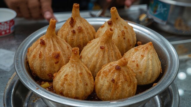 Bolu kiping, a traditional Indonesian snack, served in a metal bowl. Deep-fried food, snack, Indonesian cuisine. Culinary tradition, street food, fried snack.