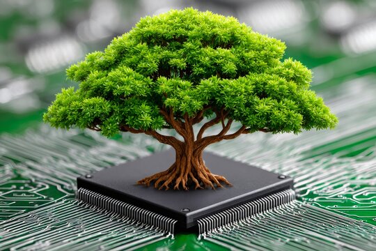 Green tree growing from microchip symbolizing eco technology - Powered by Adobe