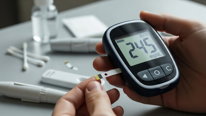 A close-up shot of hands using a digital blood glucose meter and test strip to measure sugar levels, emphasizing the critical aspect of daily health monitoring and personal wellness
