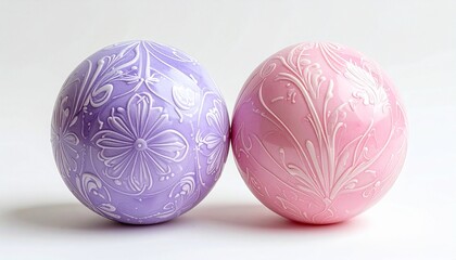 Purple and pink embossed spheres with floral geometric patterns on white background