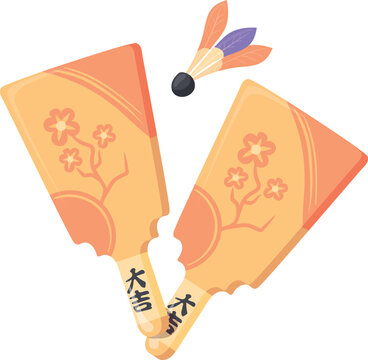 Wooden hanetsuki game paddles and shuttlecock cartoon icon