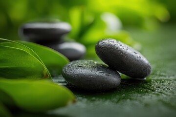 Stones placed on green leaves in a spa setting with water droplets in the background during a wellness experience