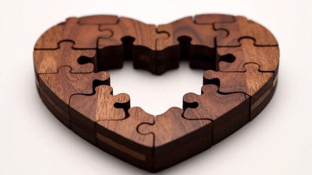 Heart shaped wooden jigsaw puzzle with interlocking pieces, connection concept