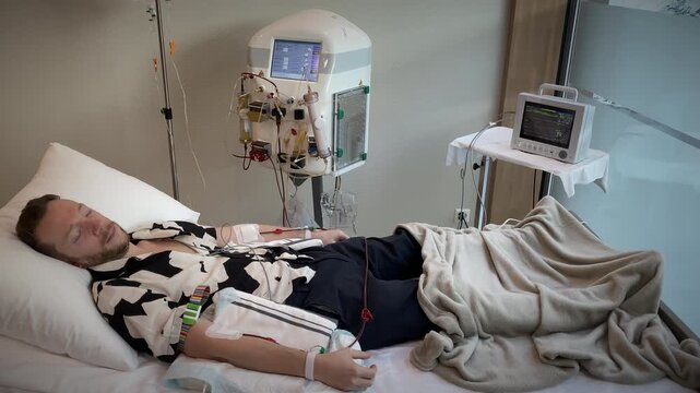 Patient getting a blood purification method Seated During Therapeutic Infusion With Monitoring Devices In Calm Clinical Environment 