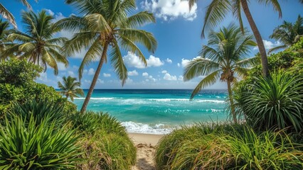 Fototapeta premium Tropical beach scene with palm trees, blue ocean, and sandy shore, framed by lush green foliage under a bright sky.