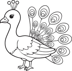 Peacock illustrated in a soft elegant minimal style with gentle feather character line art one line art
