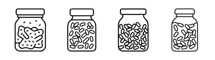 Fototapeta premium Line art illustration of various food items stored in glass jars on a white background Vector