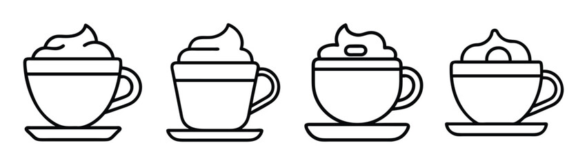 A collection of four line art icons featuring coffee cups topped with whipped cream Vector