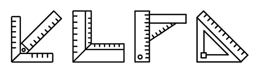 A collection of linear icons depicting various types of measuring squares and rulers used for construction and drafting. Vector