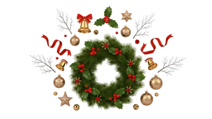 Christmas wreath with red ribbons and ornaments isolated on transparent background
