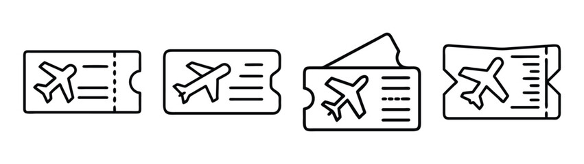 A collection of line art icons depicting airline tickets for travel and booking applications Vector