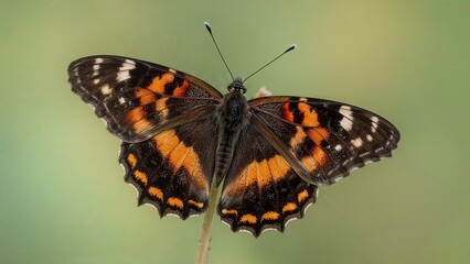 Naklejka premium A butterfly with orange, black, and white wings perched on a thin stem. Insect and nature, concept. Wings and flight. The concept of butterflies and insect life.