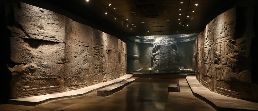 olmec basalt carving in museum hall