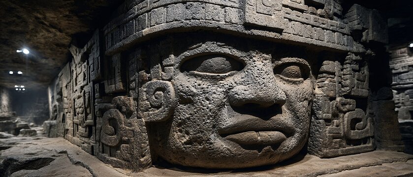 close up of an olmec colossal head carving