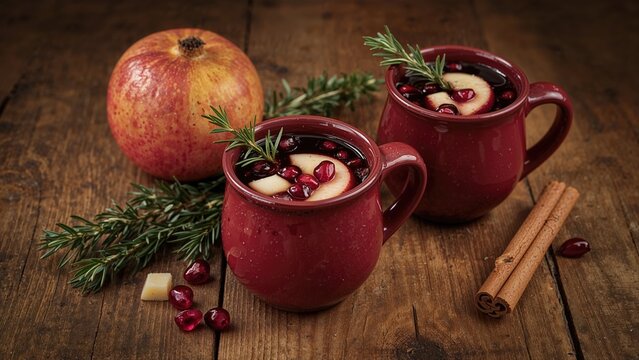 Two red mugs with hot spiced apple drinks, garnished with cinnamon sticks and pomegranate seeds, placed on a rustic wooden surface with an apple and sprigs of rosemary. - Powered by Adobe