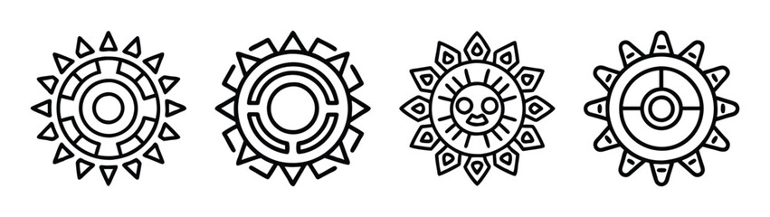 Four black and white line art icons depicting aztec or mayan sun symbols with various designs Vector