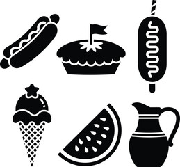 Black and white food icons including hot dogs dessert and drink