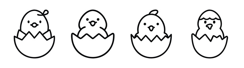 Minimalist black line art illustration featuring four adorable baby chicks hatching from eggs Vector © IsratJahan