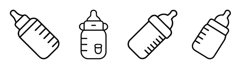 A collection of four black and white line icons representing baby feeding bottles Vector