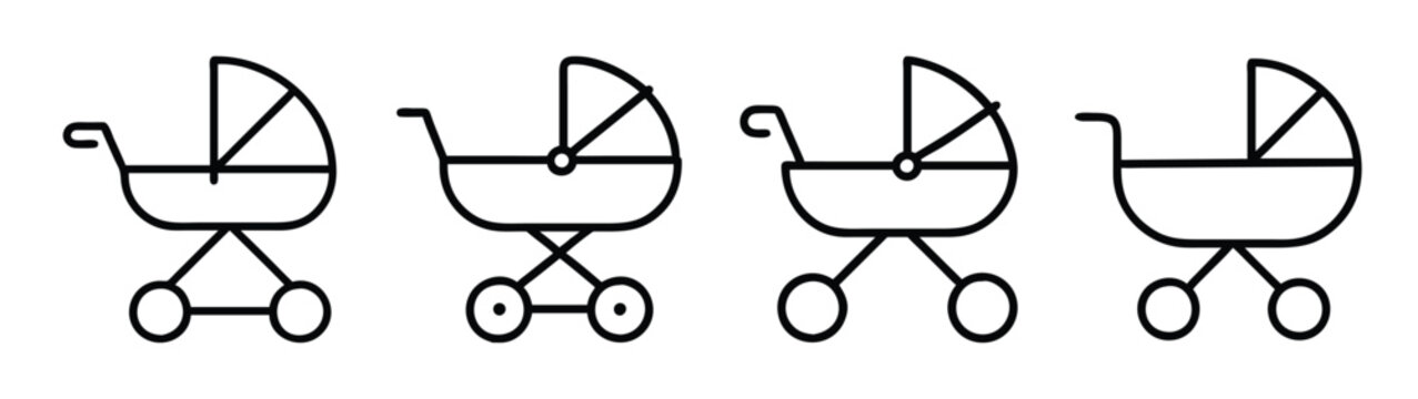 Four black and white minimalist line icons representing baby strollers and carriages in a collection Vector