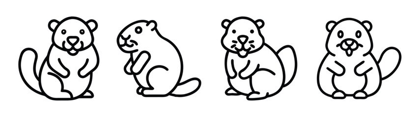 A collection of four cute line art beaver icons showing different poses Vector