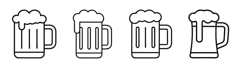 A collection of beer mug line art icons featuring various styles and foamy heads Vector