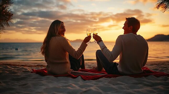 Romantic couple toasts champagne watching stunning ocean sunset from sandy beach