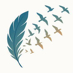 Obraz premium A striking, conceptual vector illustration featuring a feather dissolving into a dynamic flock of birds flying upwards against a light, neutral background. The feather is rendered in blue and turquois