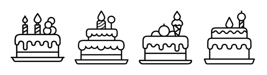 A collection of simple line art birthday cake illustrations with candles and decorations Vector