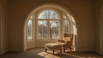 Fototapeta premium A cozy armchair with an ottoman positioned near an arched window overlooking trees and a clear sky inside a warmly lit room.