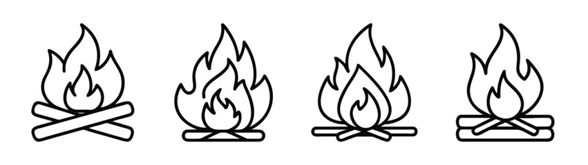 Four different styles of campfire icons in simple outline vector graphics Vector
