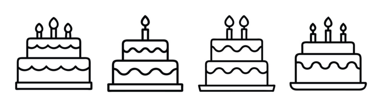 Collection of simple line art icons representing birthday cakes with candles Vector