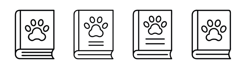 Set of four outline icons featuring books with a pet paw print design Vector